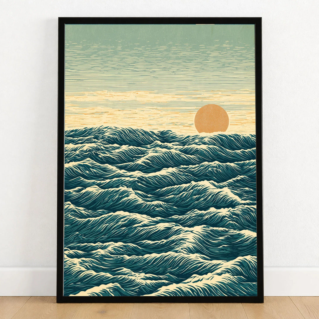 Japanese Ocean Art Print – Vintage Seascape Wall Art — art print in black frame on wooden floor