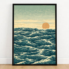Japanese Ocean Art Print – Vintage Seascape Wall Art — art print in black frame on wooden floor