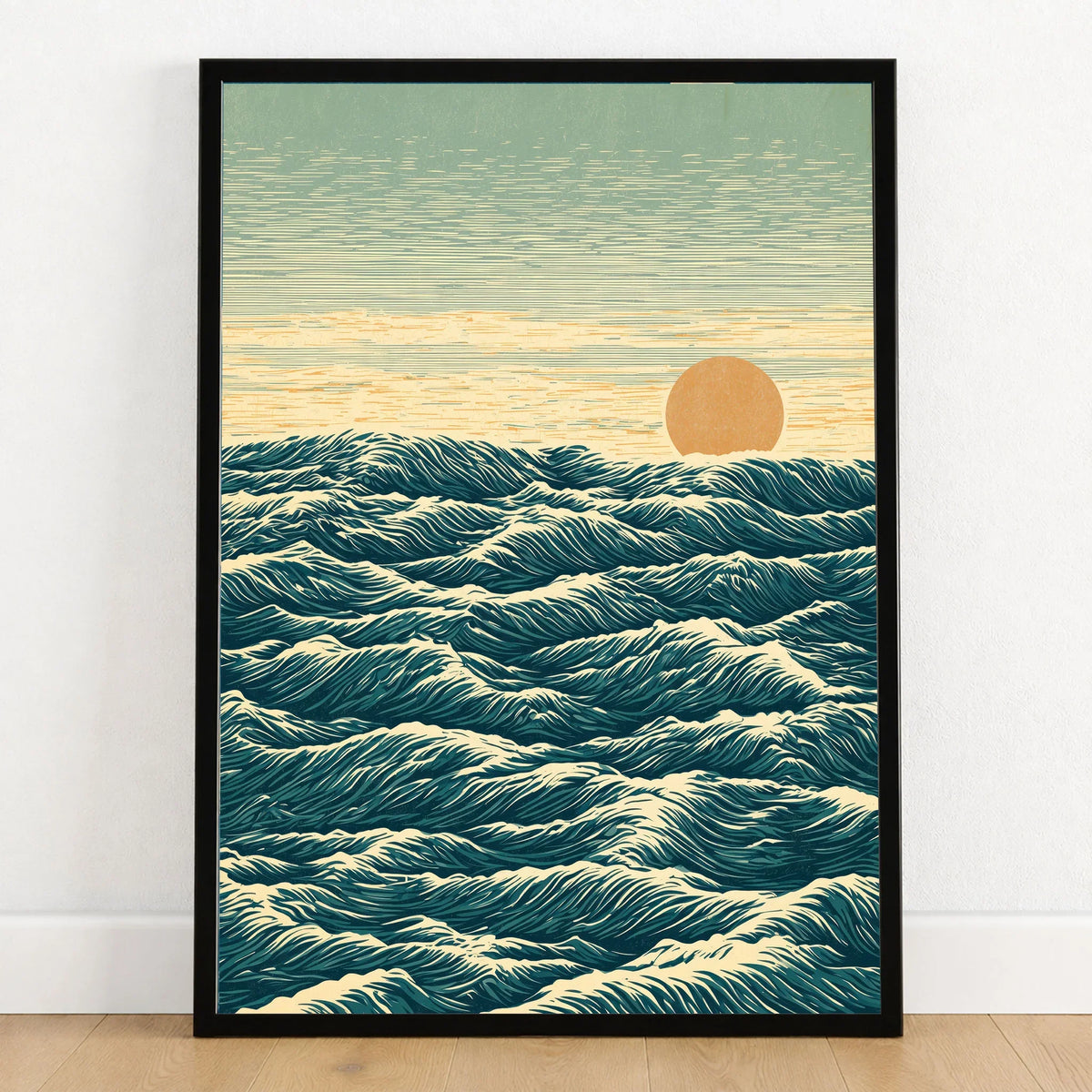 Japanese Ocean Art Print – Vintage Seascape Wall Art — art print in black frame on wooden floor
