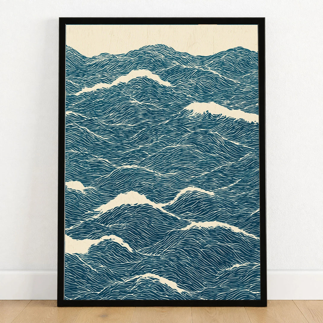 Ocean Waves Art Print – Blue Japanese Seascape Wall Art — art print in black frame on wooden floor