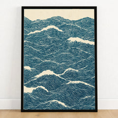 Ocean Waves Art Print – Blue Japanese Seascape Wall Art — art print in black frame on wooden floor