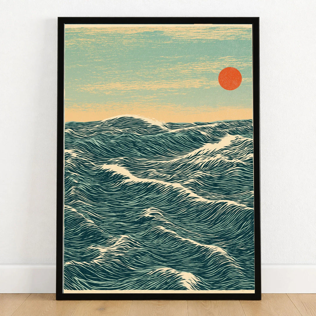 Red Sun Ocean Art Print – Japanese Seascape Wall Art — art print in black frame on wooden floor