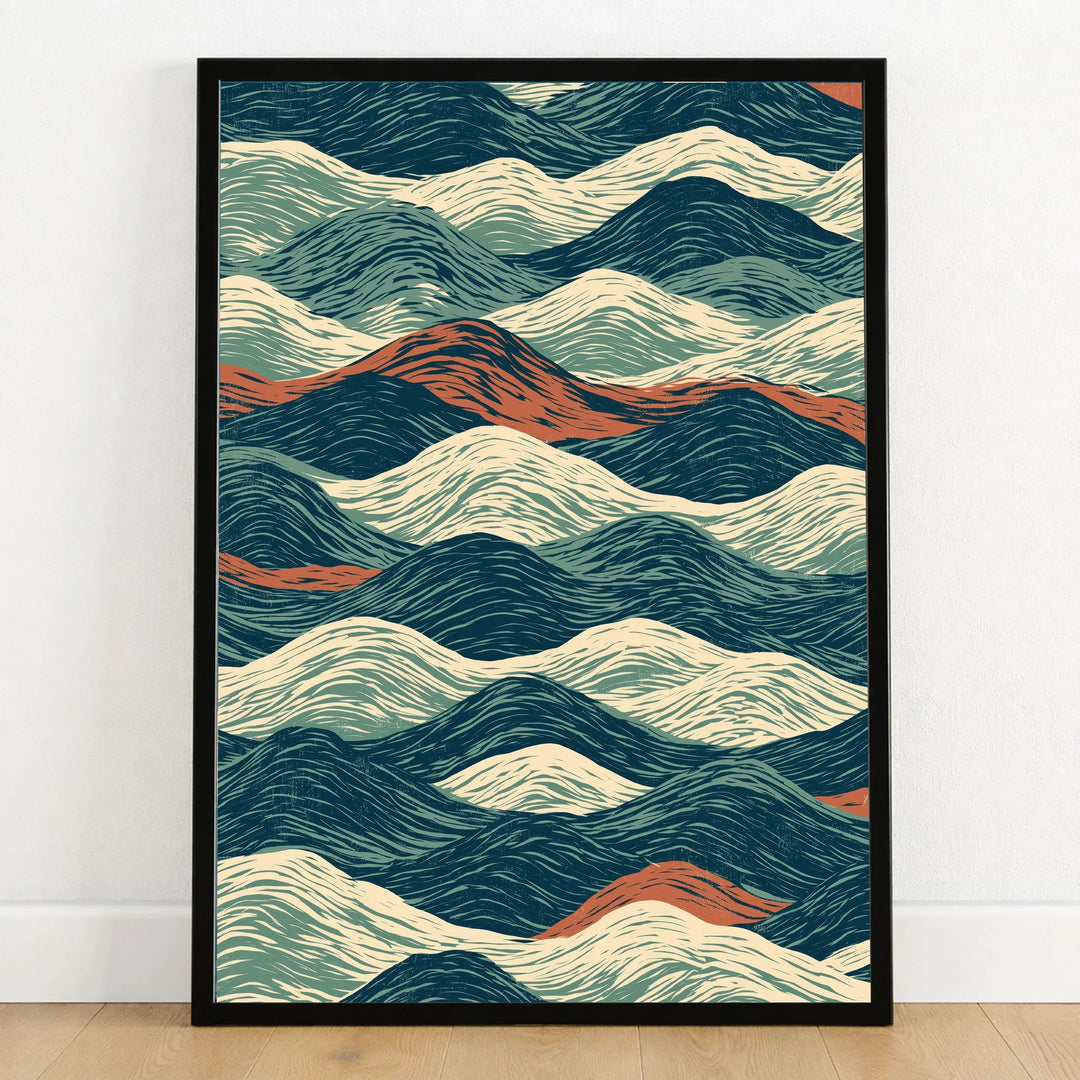 Linocut Style Ocean Art Print – Japanese Wave Pattern Wall Art — art print in black frame on wooden floor