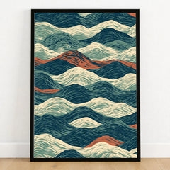 Linocut Style Ocean Art Print – Japanese Wave Pattern Wall Art — art print in black frame on wooden floor