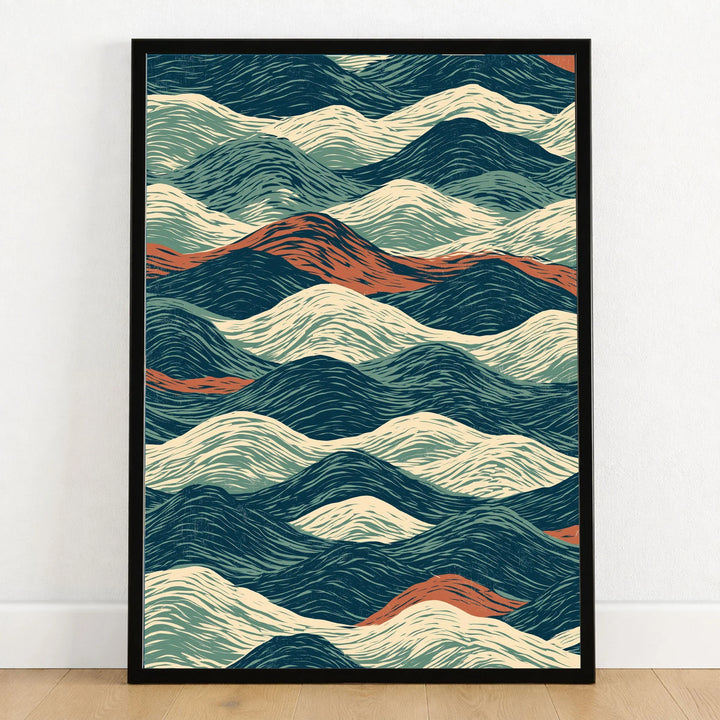 Linocut Style Ocean Art Print – Japanese Wave Pattern Wall Art — art print in black frame on wooden floor