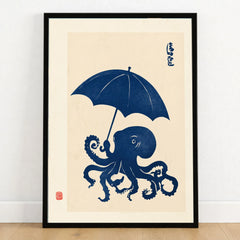 Octopus with Umbrella Art Print – Blue Japanese Wall Art — art print in black frame on wooden floor
