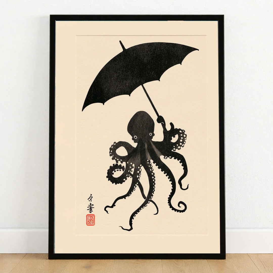 Octopus Umbrella Wall Art – Black Japanese Woodblock Print — art print in black frame on wooden floor