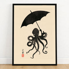 Octopus Umbrella Wall Art – Black Japanese Woodblock Print — art print in black frame on wooden floor