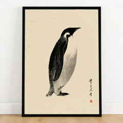 Emperor Penguin Wall Art – Vintage Japanese Ink Print — art print in black frame on wooden floor