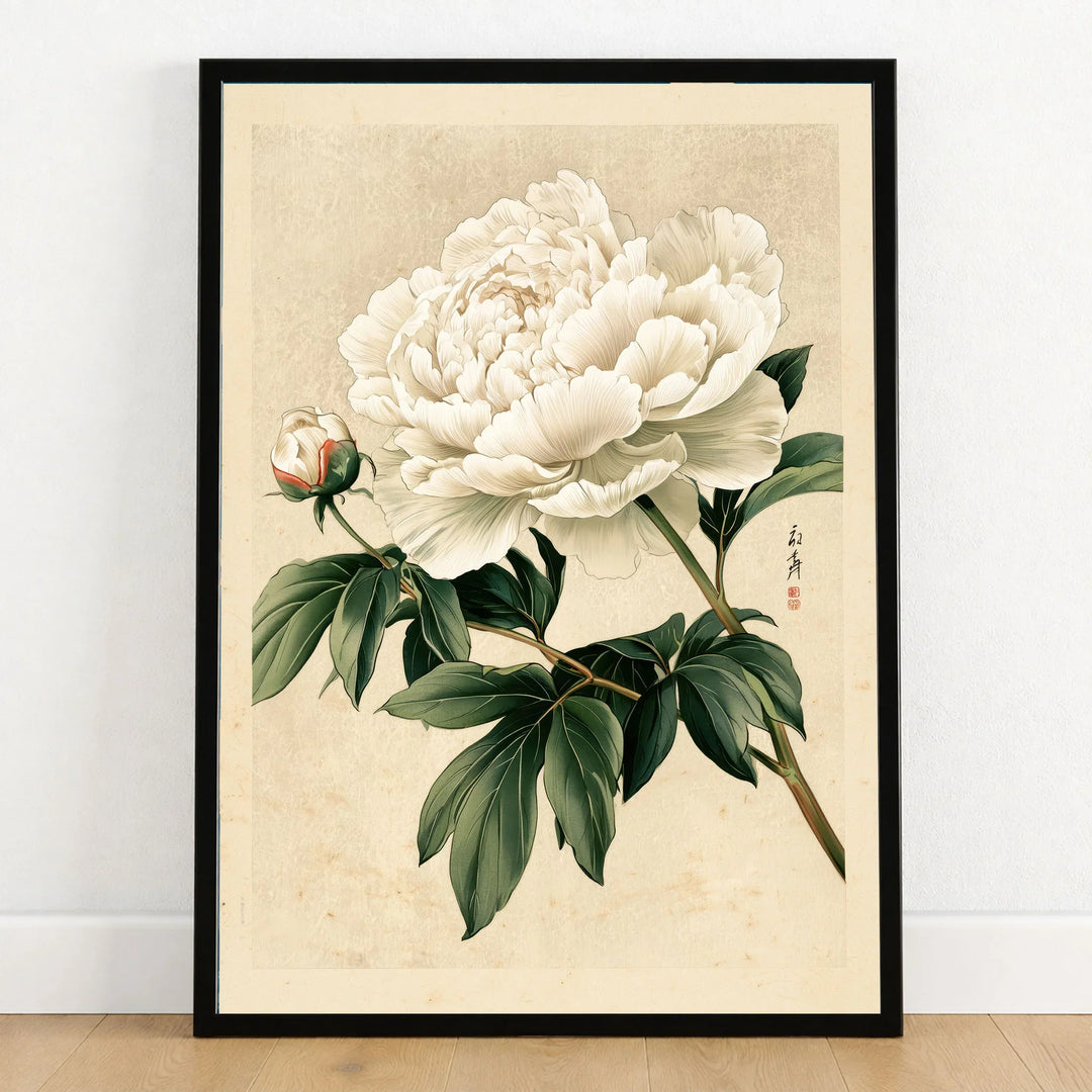 White Peony Art Print – Vintage Japanese Botanical Wall Art — art print in black frame on wooden floor
