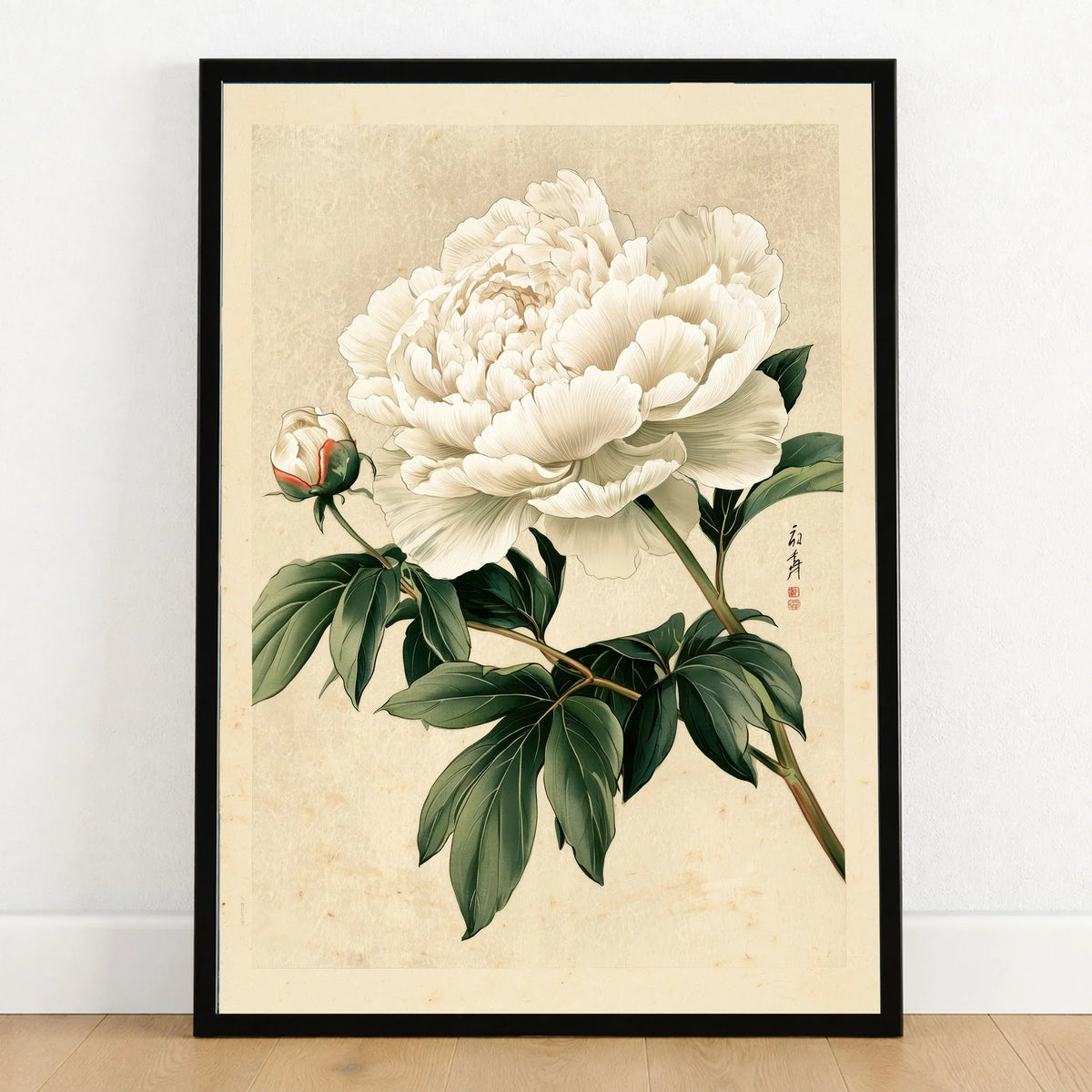 White Peony Art Print – Vintage Japanese Botanical Wall Art — art print in black frame on wooden floor
