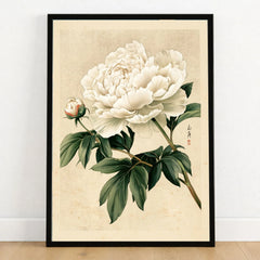 White Peony Art Print – Vintage Japanese Botanical Wall Art — art print in black frame on wooden floor