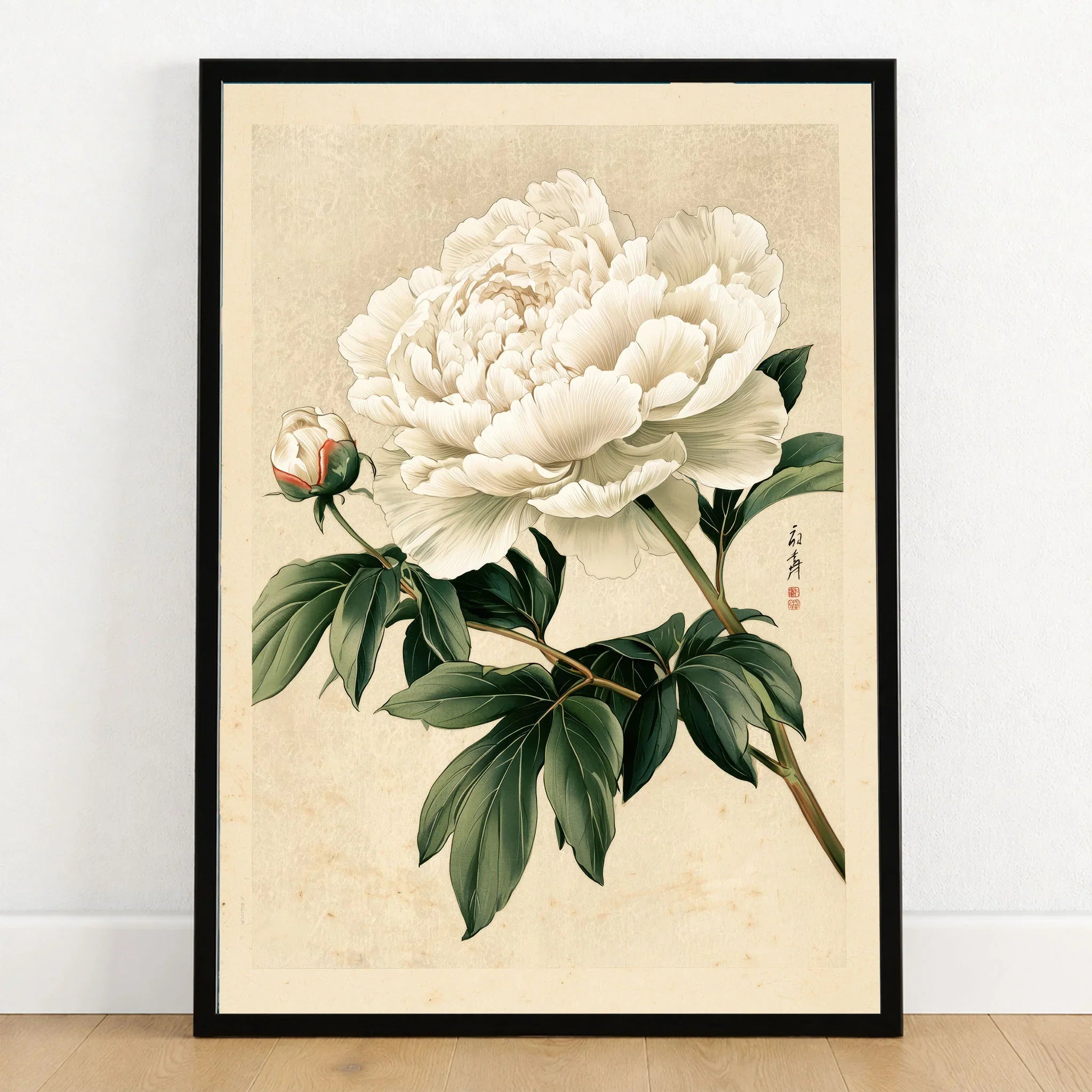 White Peony Art Print – Vintage Japanese Botanical Wall Art — art print in black frame on wooden floor