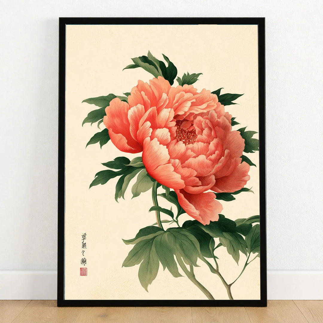Coral Peony Art Print – Japanese Botanical Wall Art — art print in black frame on wooden floor