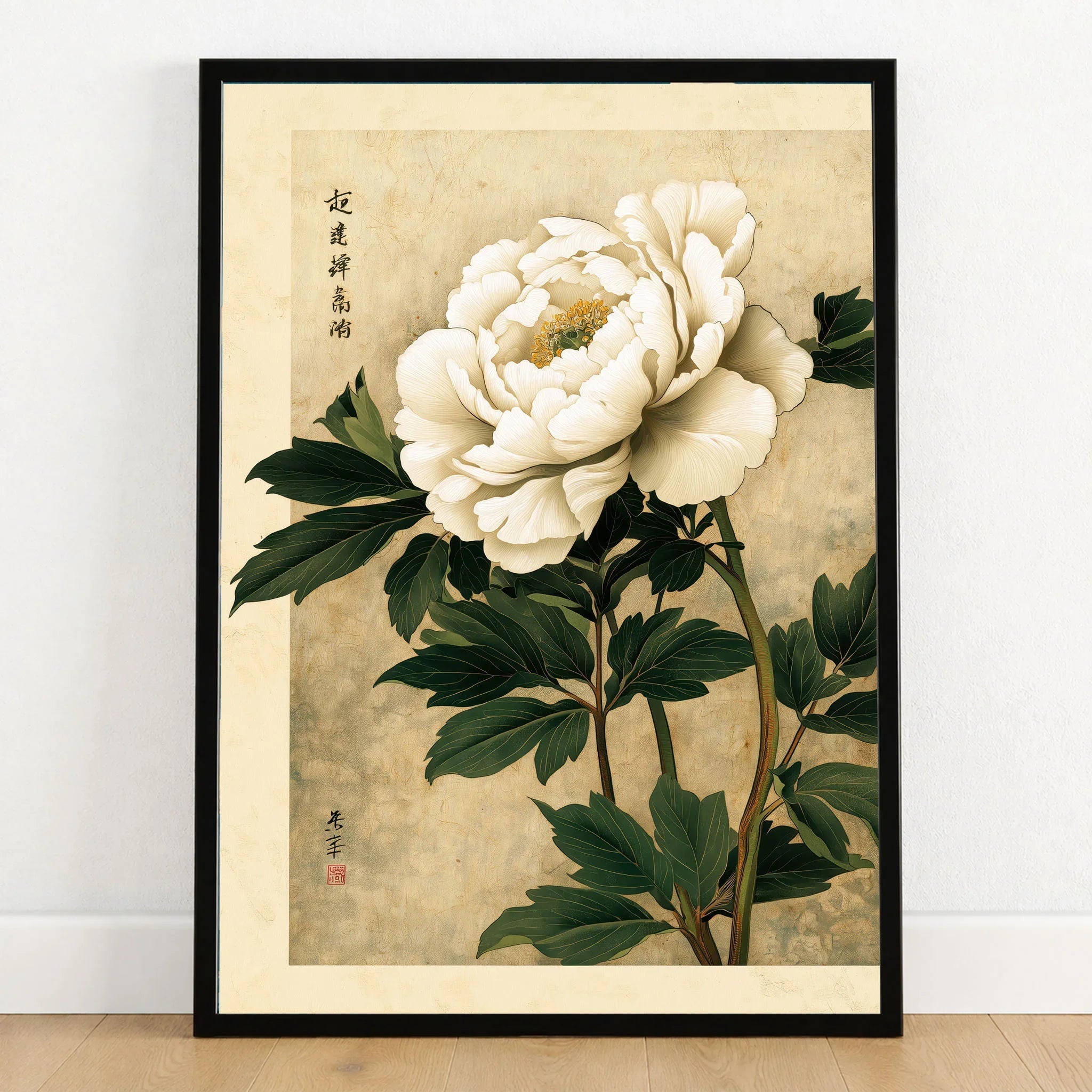 Peony Wall Art – Vintage Japanese Flower Print — art print in black frame on wooden floor