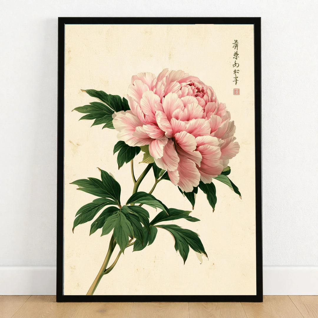Pink Peony Art Print – Japanese Botanical Wall Art — art print in black frame on wooden floor