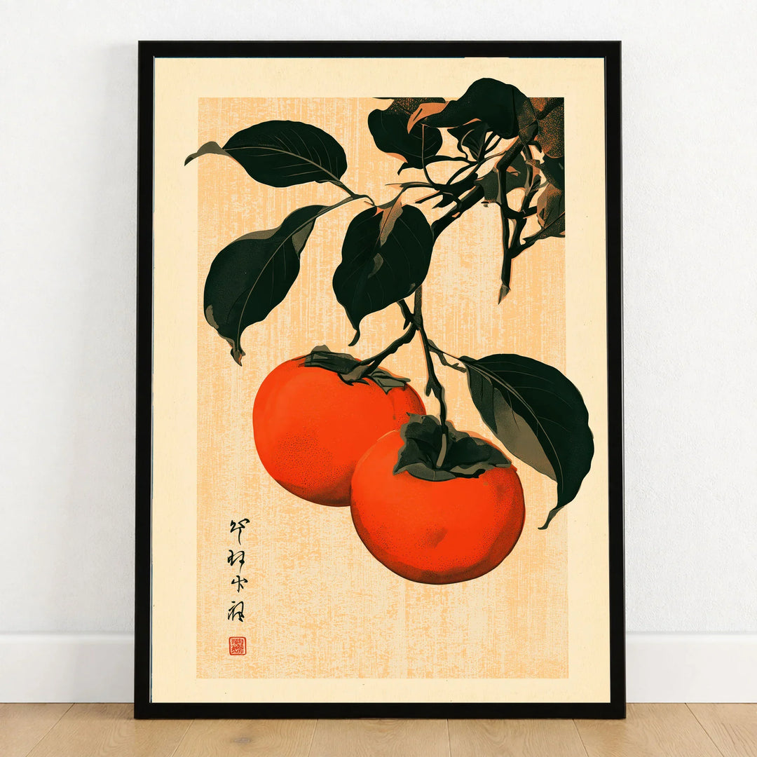Persimmon Art Print – Japanese Botanical Kitchen Wall Art — art print in black frame on wooden floor