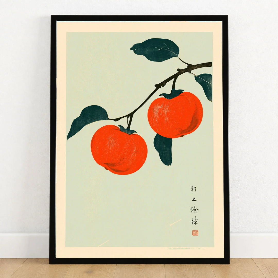 Persimmon Wall Art – Vintage Japanese Fruit Print — art print in black frame on wooden floor