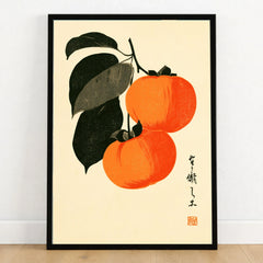 Japanese Persimmon Art Print – Vintage Fruit Wall Art — art print in black frame on wooden floor
