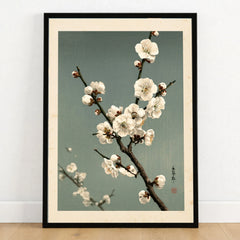 Plum Blossom Wall Art – Vintage Japanese Botanical Print — art print in black frame on wooden floor