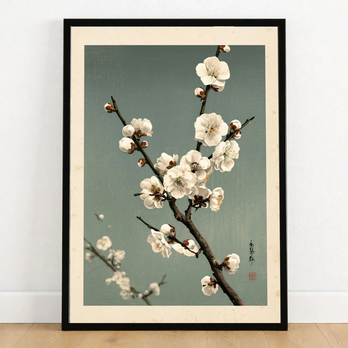 Plum Blossom Wall Art – Vintage Japanese Botanical Print — art print in black frame on wooden floor