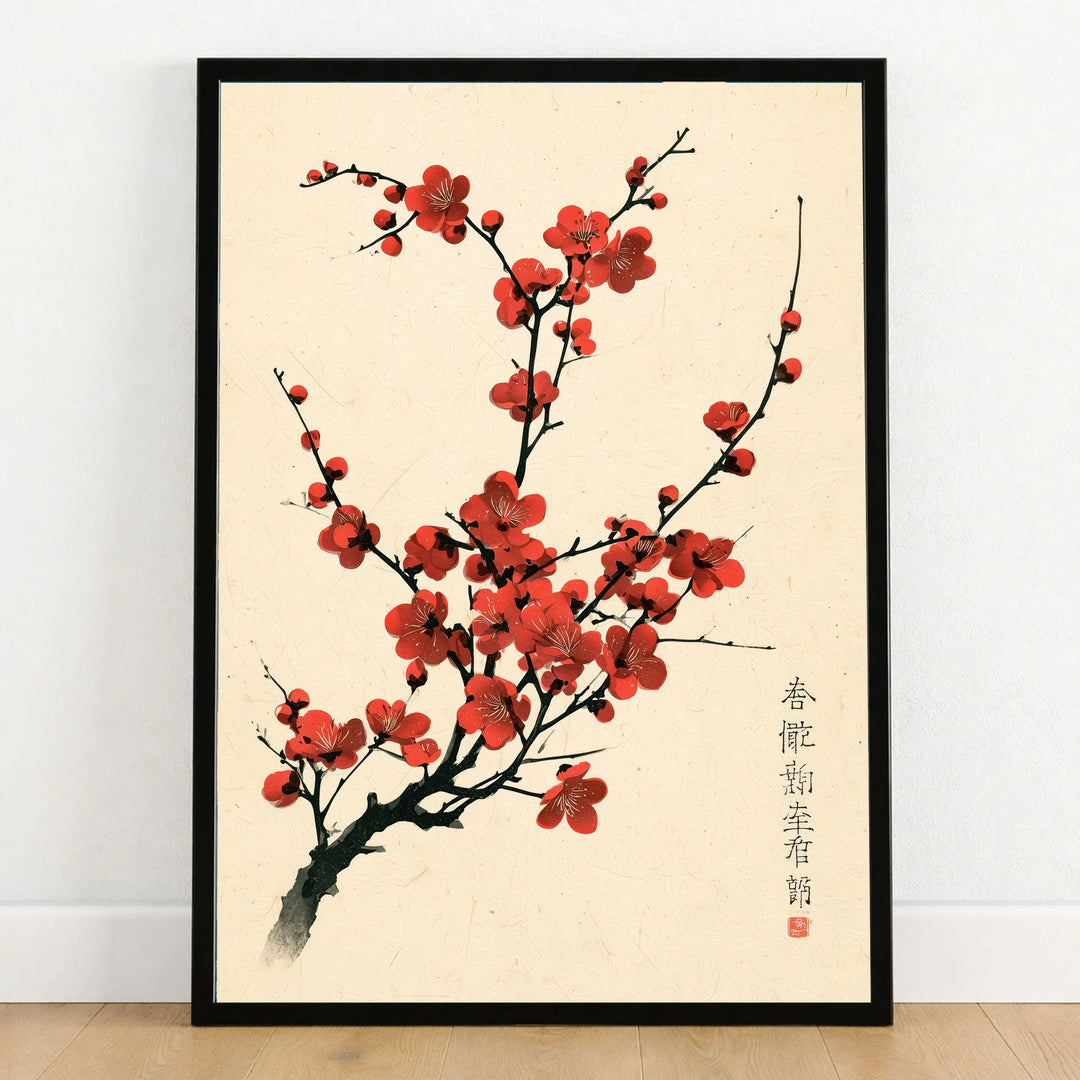 Red Blossom Art Print – Vintage Japanese Plum Wall Art — art print in black frame on wooden floor