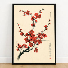 Red Blossom Art Print – Vintage Japanese Plum Wall Art — art print in black frame on wooden floor