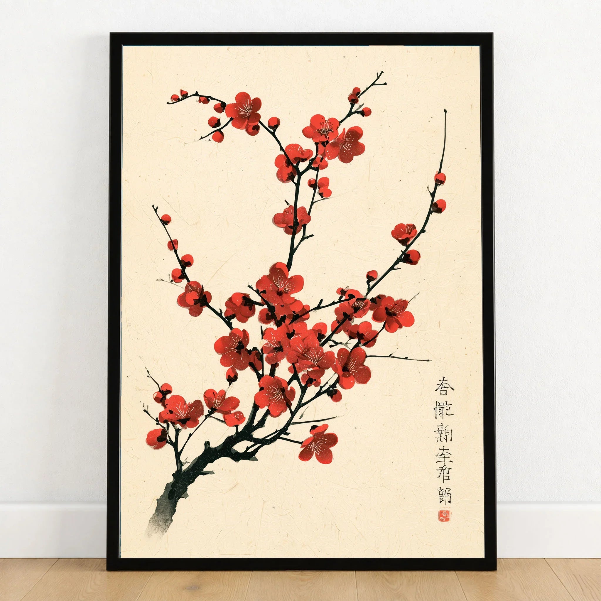 Red Blossom Art Print – Vintage Japanese Plum Wall Art — art print in black frame on wooden floor