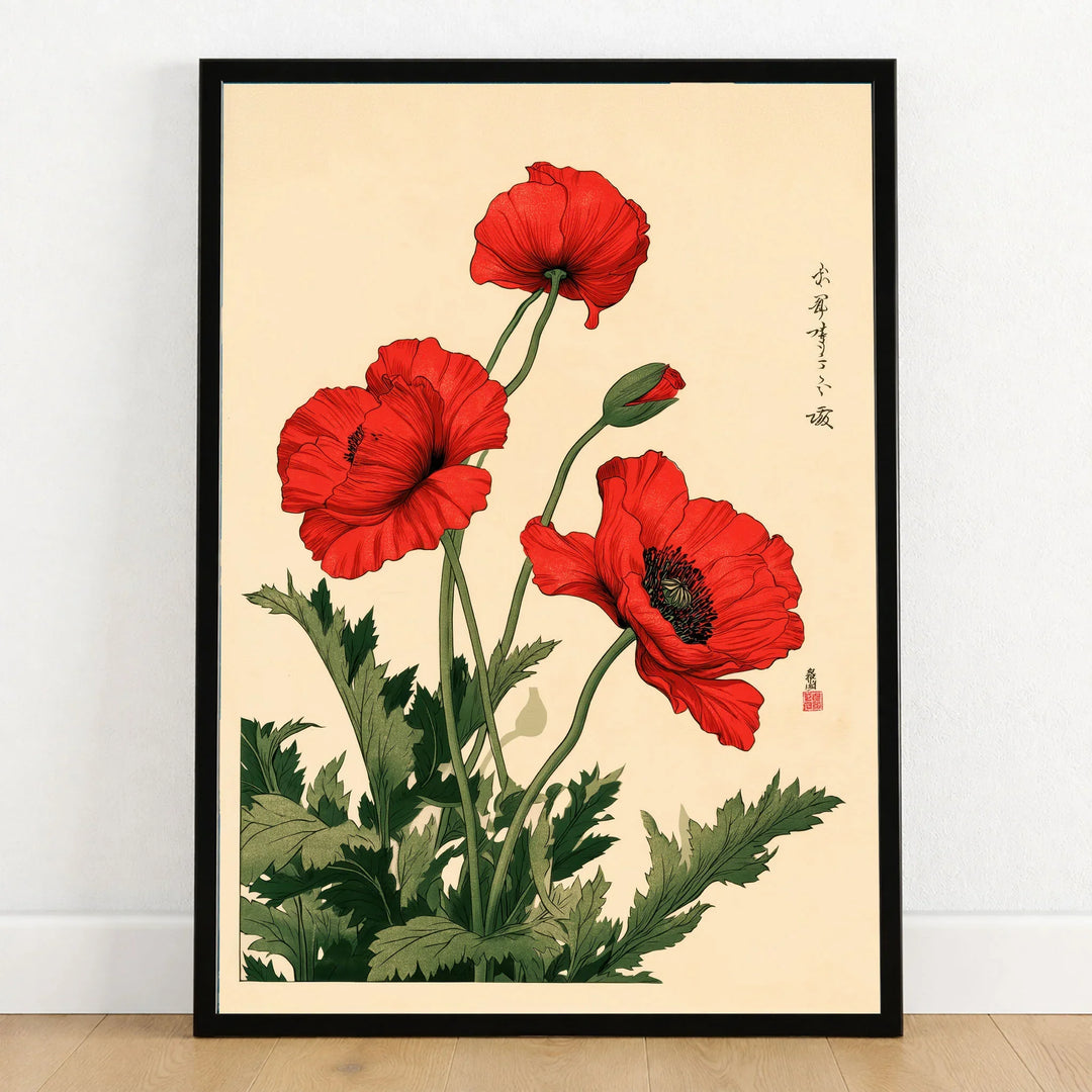 Red Poppy Art Print – Japanese Botanical Wall Art — art print in black frame on wooden floor