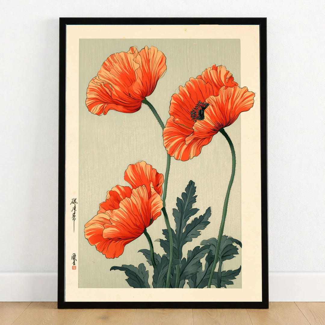 Orange Poppy Art Print – Vintage Japanese Floral Wall Art — art print in black frame on wooden floor
