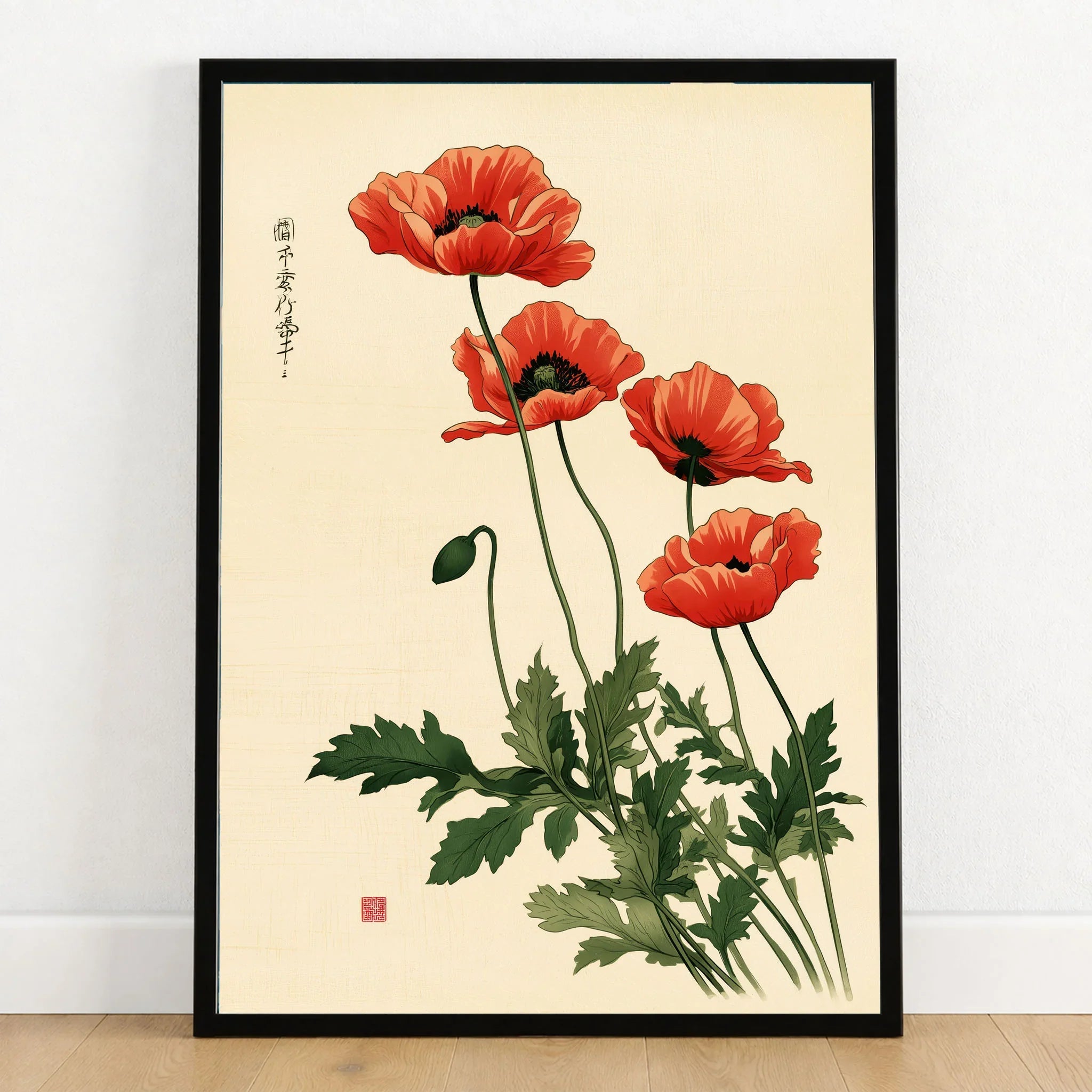 Poppy Wall Art – Vintage Japanese Botanical Print — art print in black frame on wooden floor