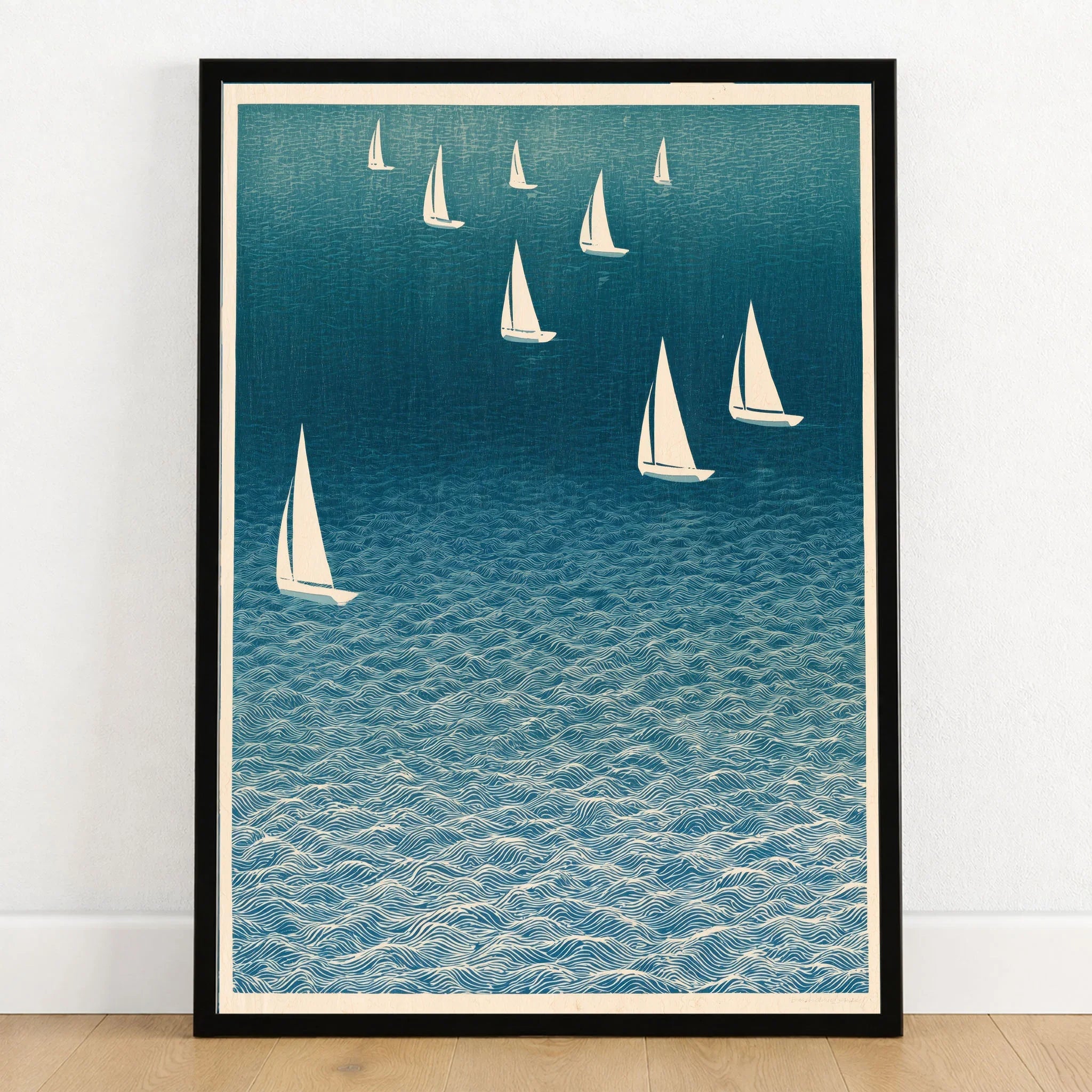 Sailing Boats Art Print – Blue Japanese Coastal Wall Art — art print in black frame on wooden floor