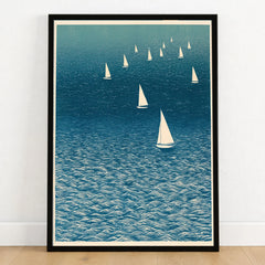Sailboat Wall Art – Japanese Blue Ocean Print — art print in black frame on wooden floor