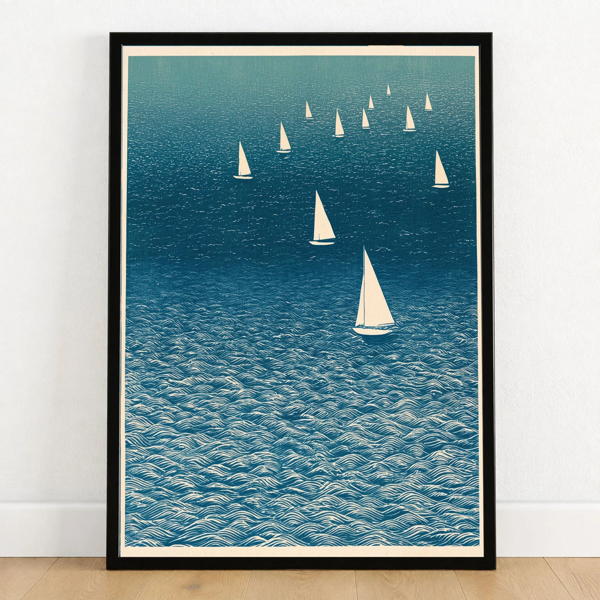 Sailboat Wall Art – Japanese Blue Ocean Print — art print in black frame on wooden floor