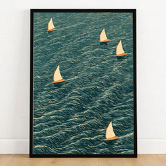 Sailing Boats Wall Art – Vintage Japanese Coastal Print — art print in black frame on wooden floor