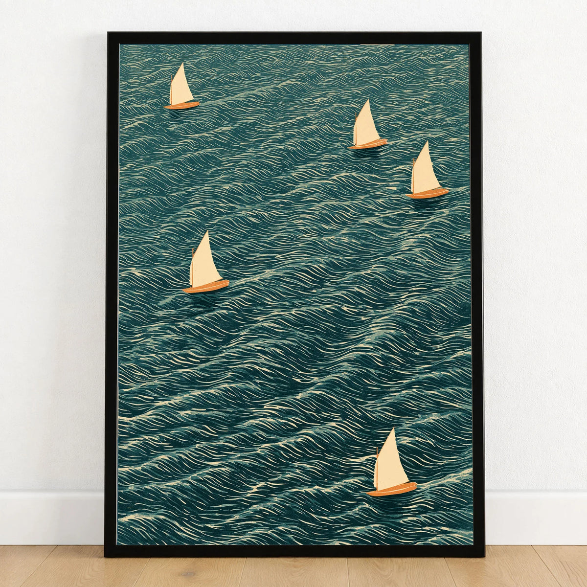 Sailing Boats Wall Art – Vintage Japanese Coastal Print — art print in black frame on wooden floor
