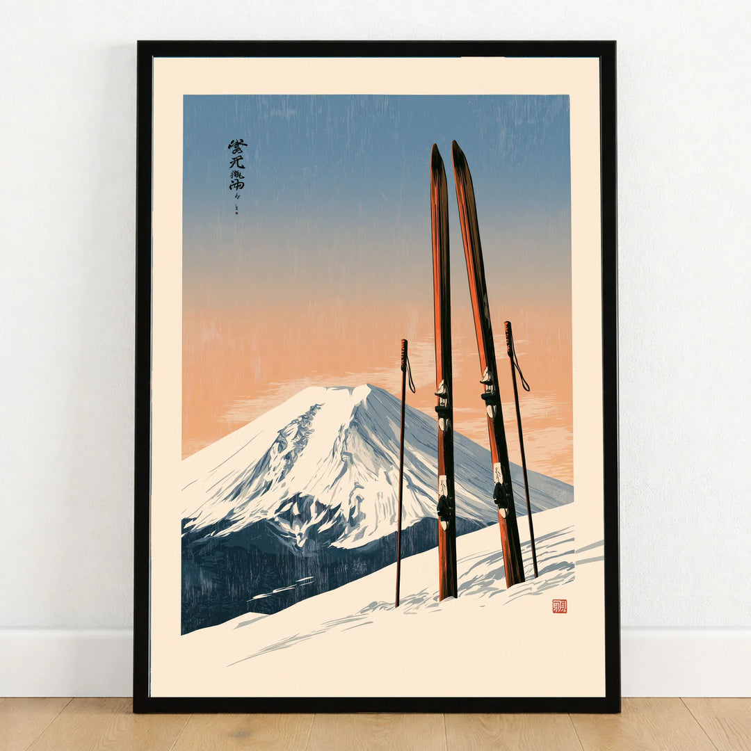 Vintage Ski Poster – Mount Fuji Japanese Alpine Wall Art — art print in black frame on wooden floor