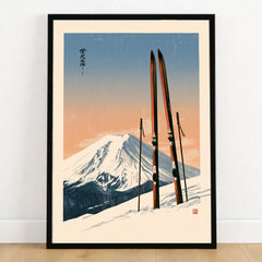 Vintage Ski Poster – Mount Fuji Japanese Alpine Wall Art — art print in black frame on wooden floor