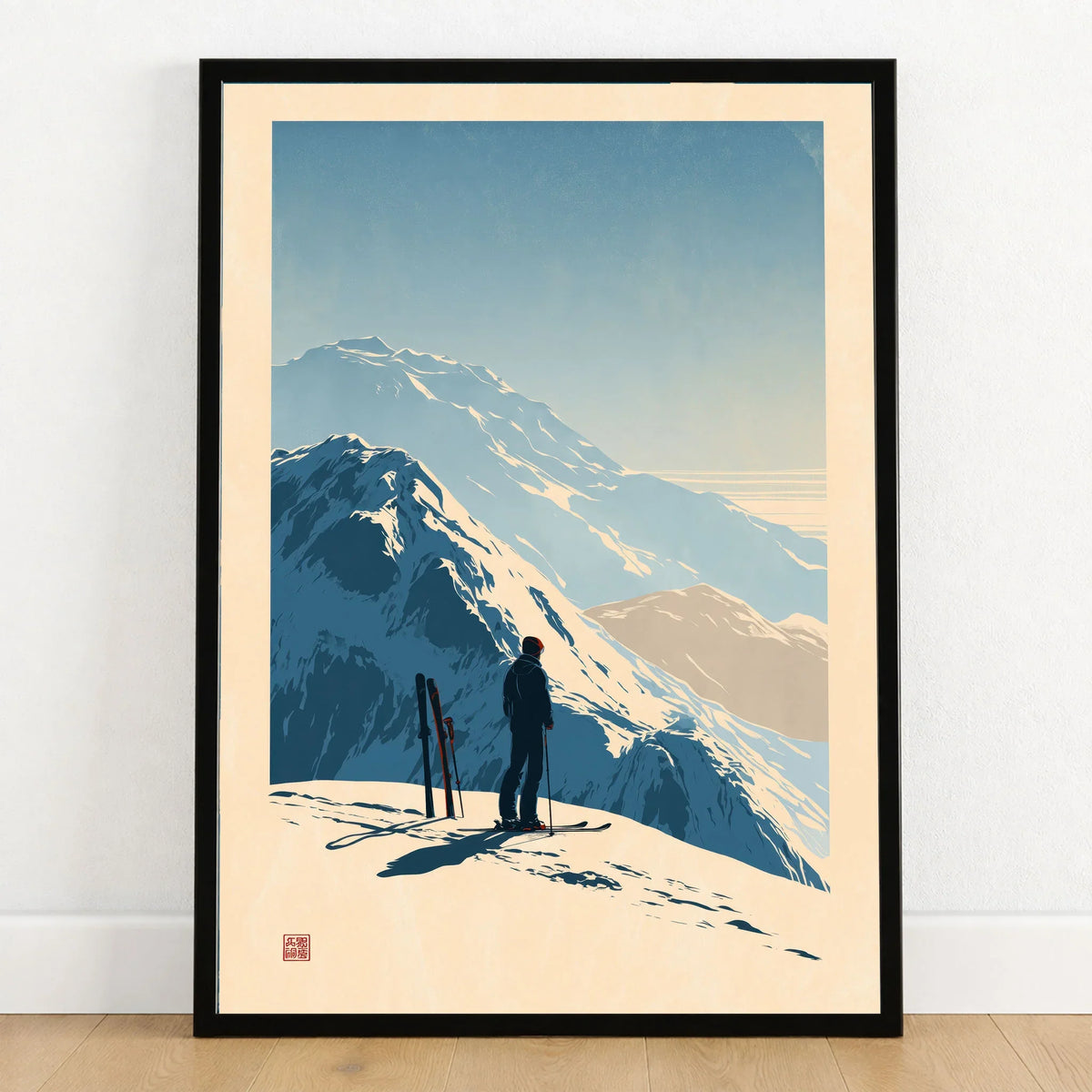 Ski Touring Art Print – Vintage Alpine Poster Wall Art — art print in black frame on wooden floor