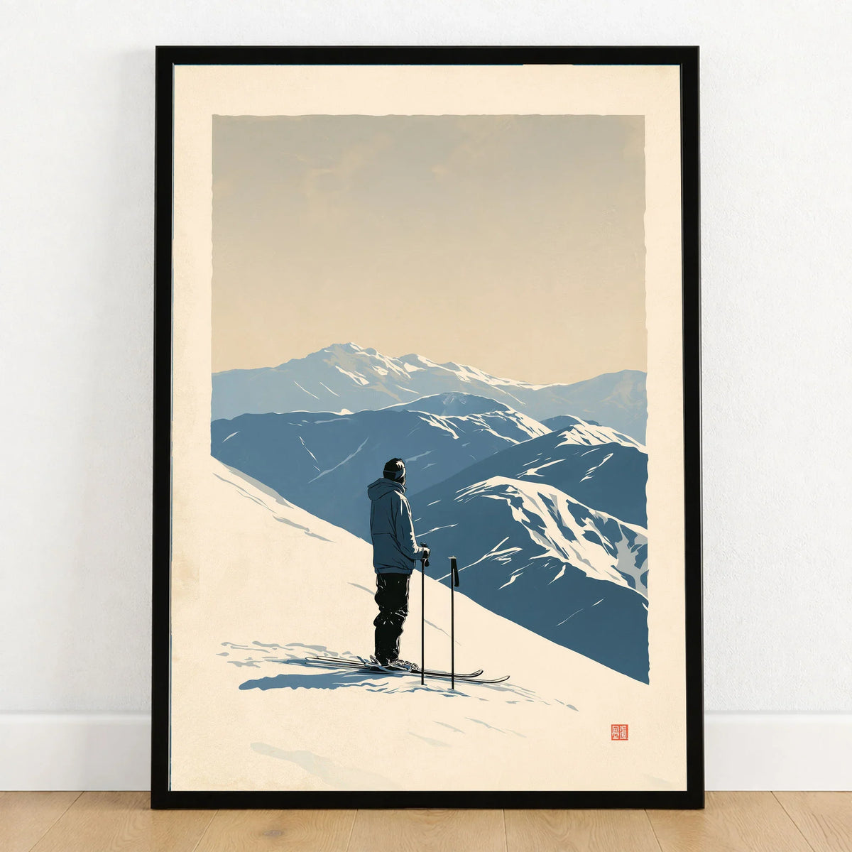 Ski Poster – Vintage Mountain Skier Wall Art — art print in black frame on wooden floor