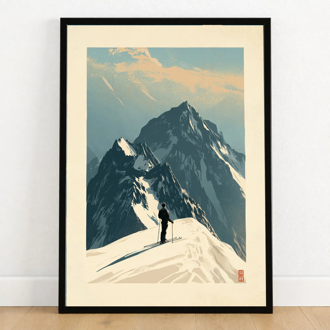Ski Mountaineering Print – Vintage Alpine Summit Wall Art — art print in black frame on wooden floor