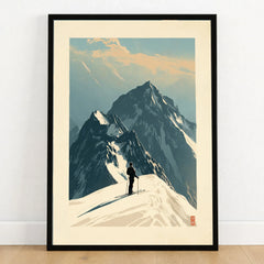 Ski Mountaineering Print – Vintage Alpine Summit Wall Art — art print in black frame on wooden floor