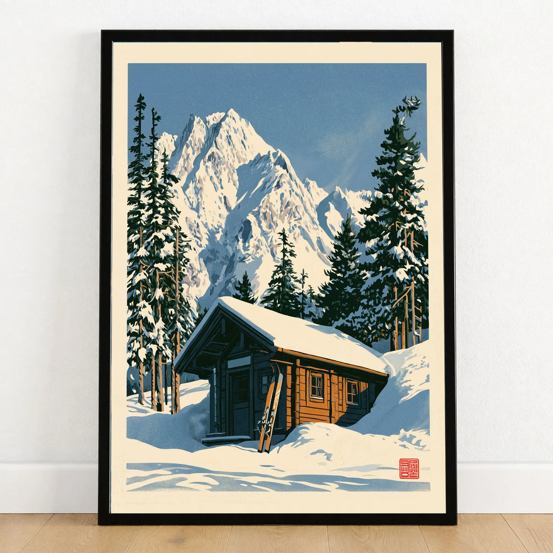 Ski Cabin Art Print – Vintage Alpine Chalet Wall Art — art print in black frame on wooden floor
