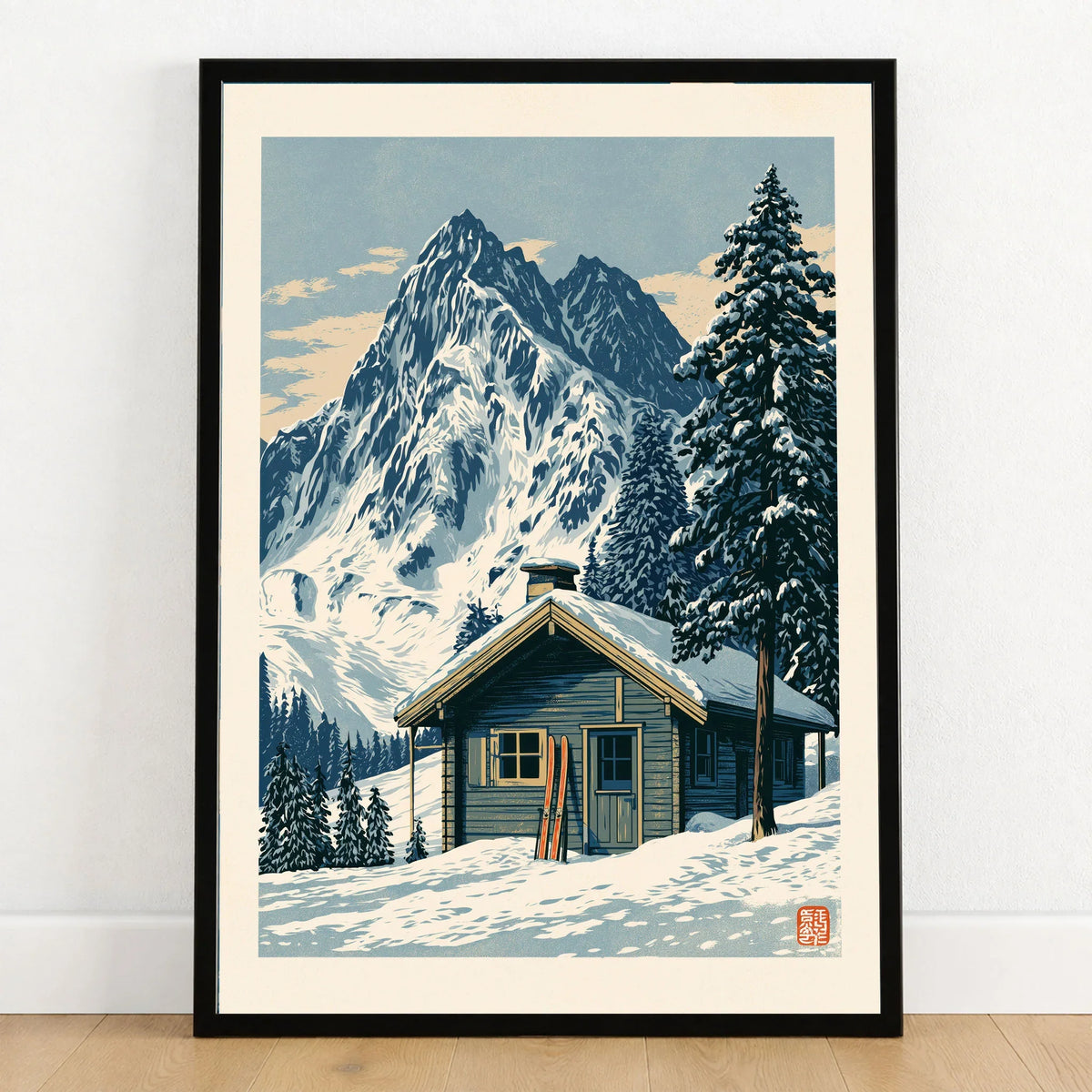 Ski Hut Poster – Vintage Alpine Cabin Wall Art — art print in black frame on wooden floor