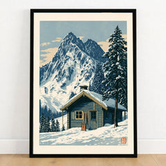 Ski Hut Poster – Vintage Alpine Cabin Wall Art — art print in black frame on wooden floor