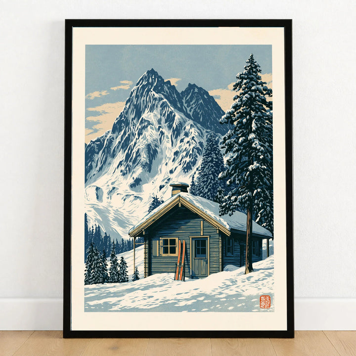 Ski Hut Poster – Vintage Alpine Cabin Wall Art — art print in black frame on wooden floor