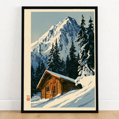 Log Cabin Ski Print – Vintage Alpine Lodge Wall Art — art print in black frame on wooden floor