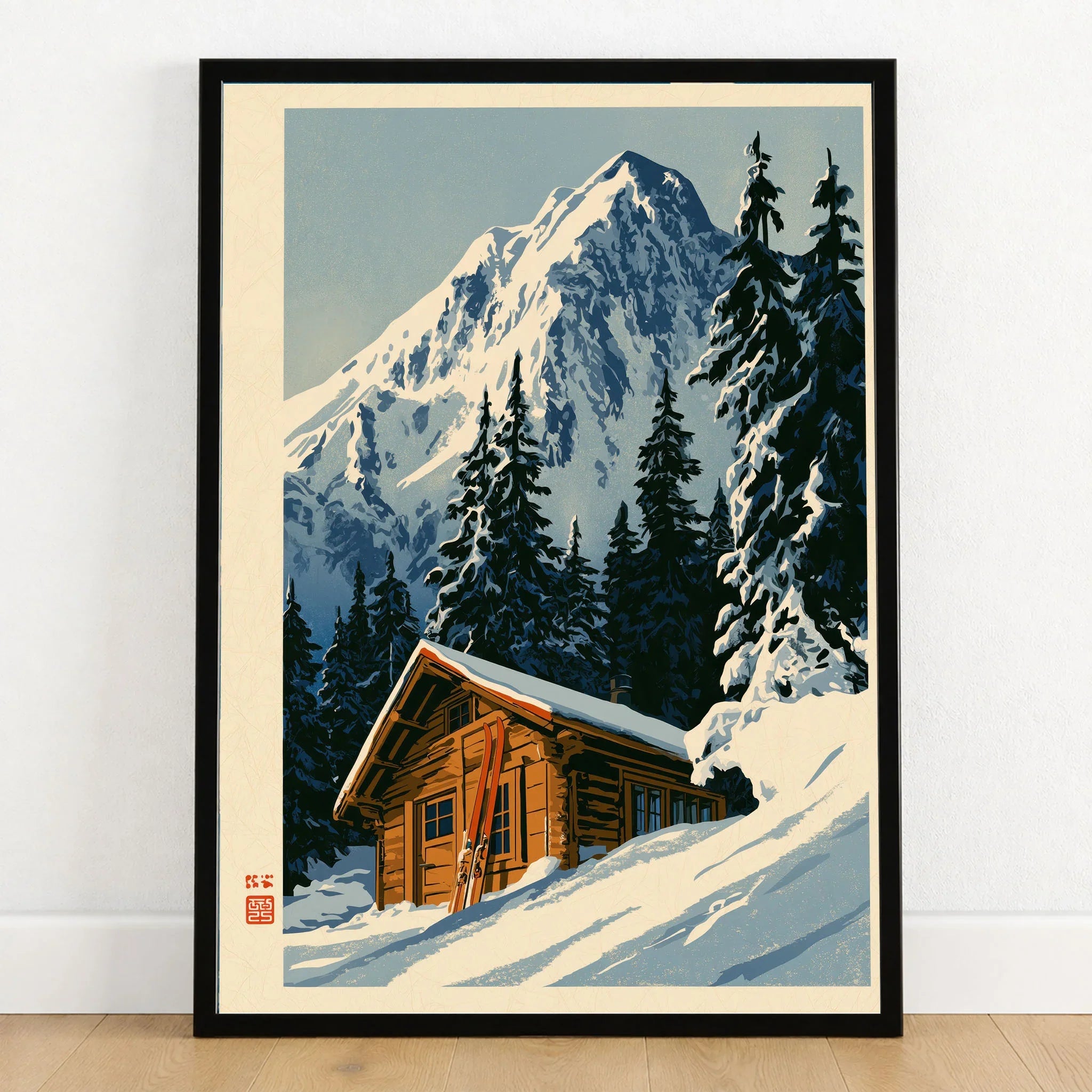 Log Cabin Ski Print – Vintage Alpine Lodge Wall Art — art print in black frame on wooden floor
