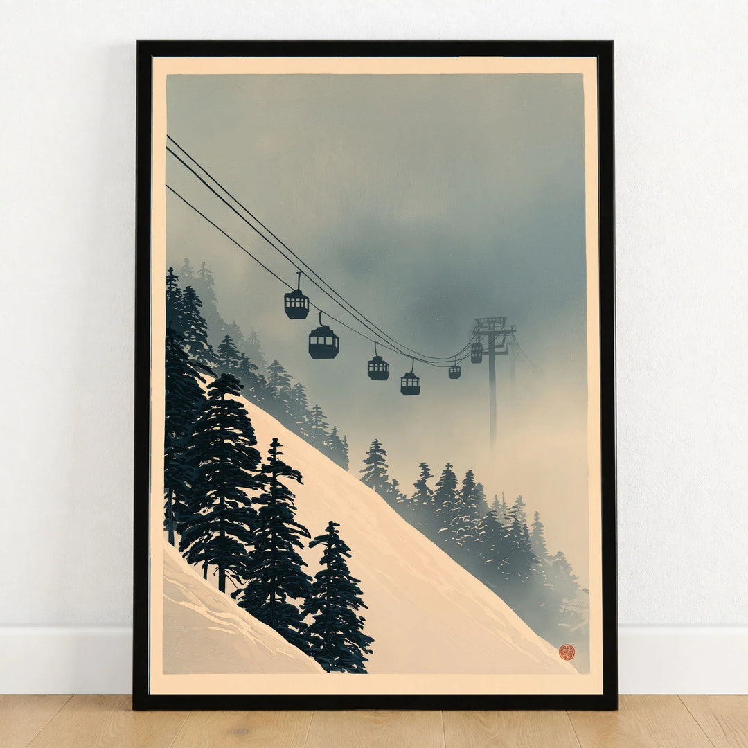 Misty Ski Lift Art Print – Vintage Alpine Gondola Wall Art — art print in black frame on wooden floor