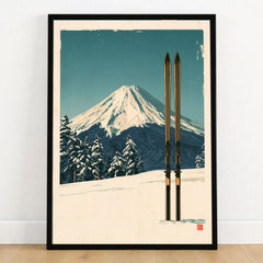 Mount Fuji Ski Poster – Vintage Japanese Alpine Print — art print in black frame on wooden floor